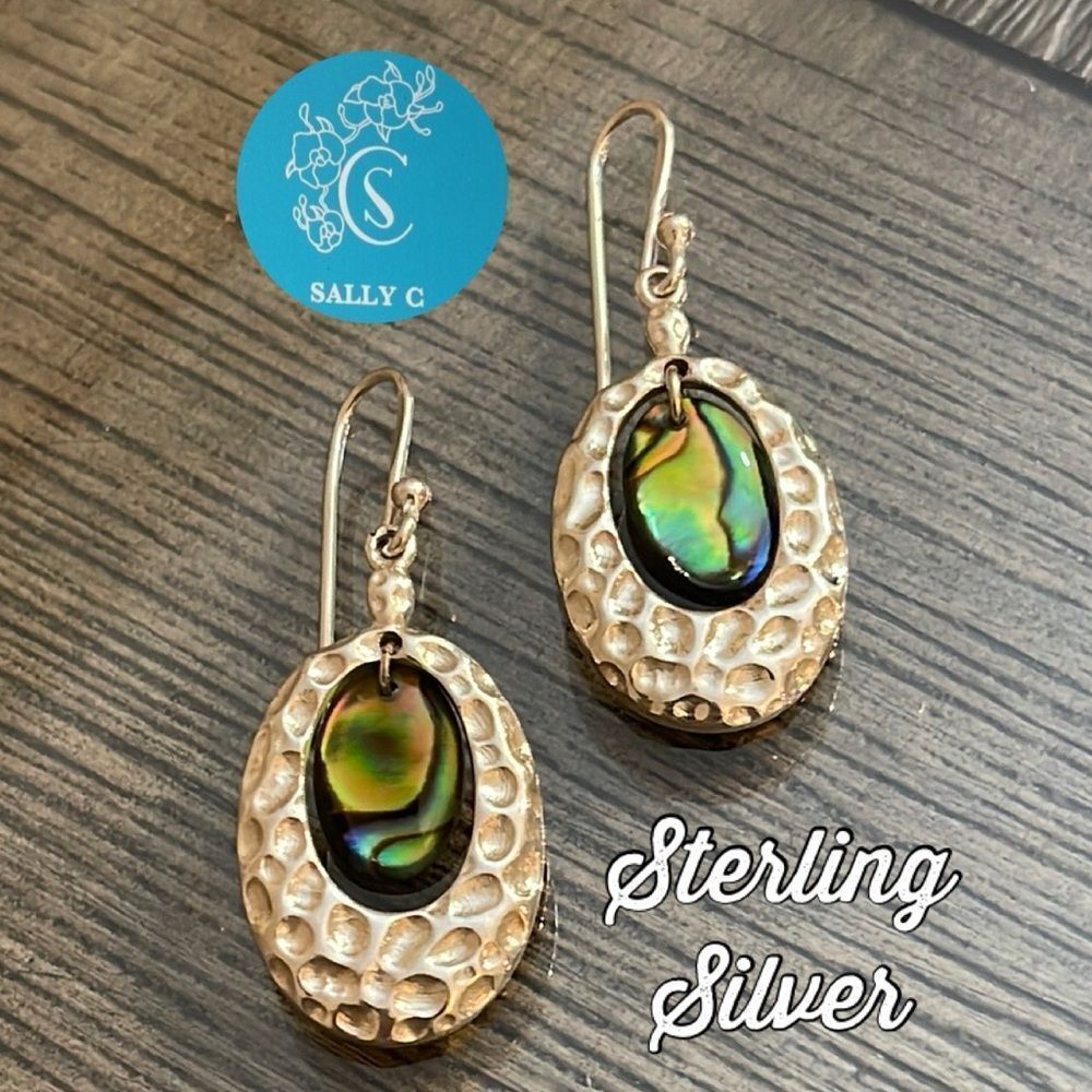 SX 925 Sally C Treasures Oval Hammered Drop Earrings w/ Abalone Sterling Silver